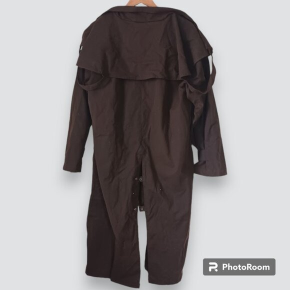 Oil Skin Duster Brown Jacket Long Trenchcoat Treated Cotton Waterproof Medium - Picture 2 of 12